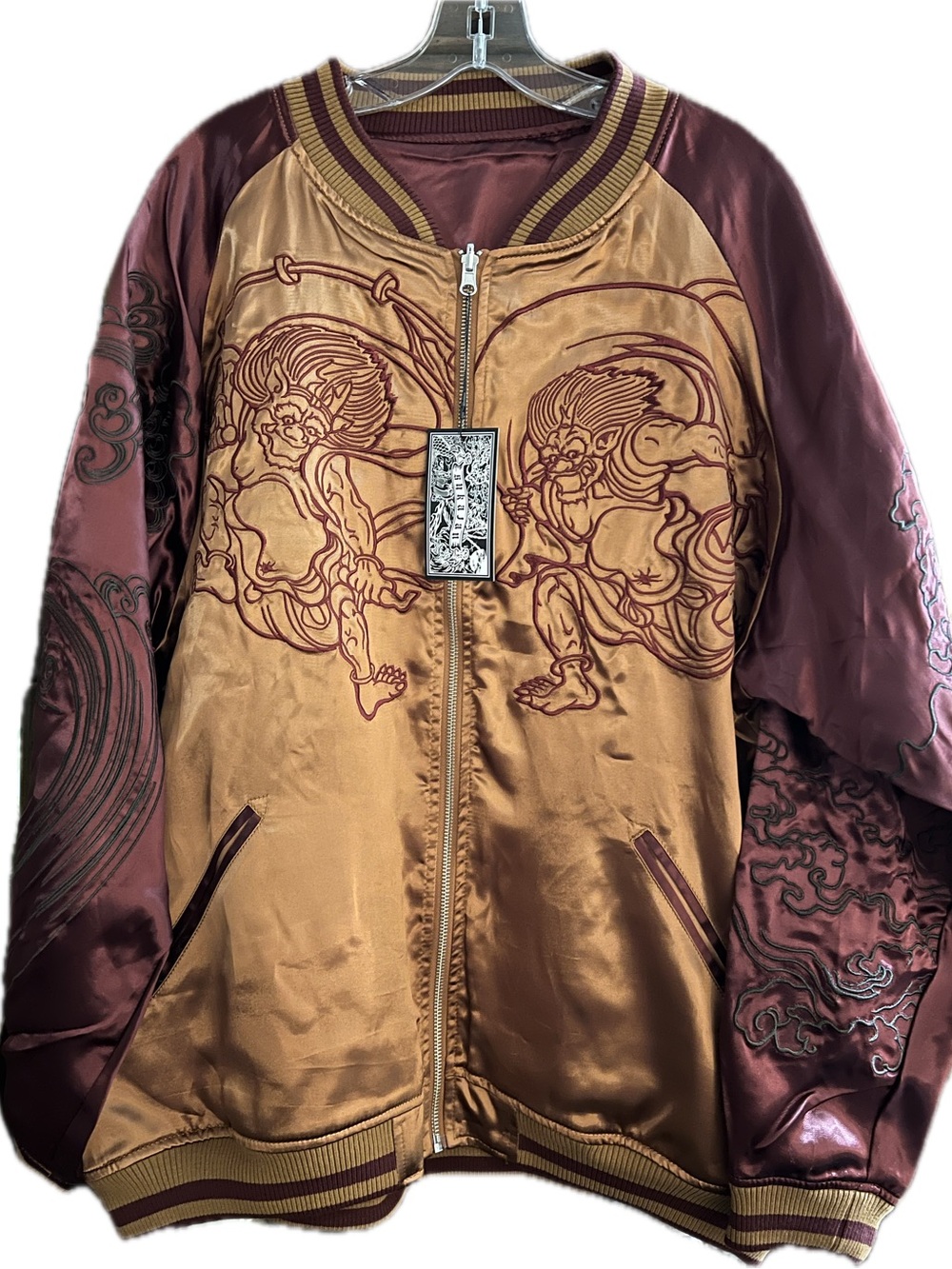Embroidered Dragon & Oni Satin Quilted Sukajan Bomber in Gold & Burgundy